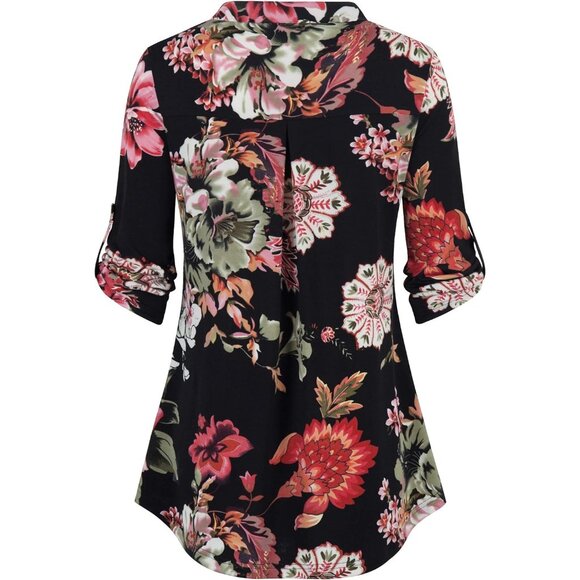 Womens  Black Armygreen Floral 3/4 Sleeve Shirts Zip V Neck Work Chiffon Top - Picture 3 of 5